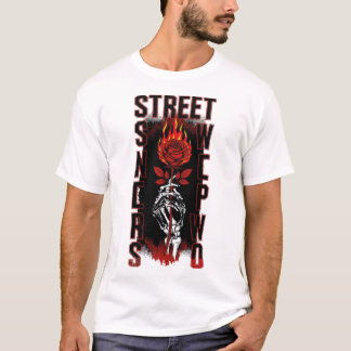 Edgy Skeleton Hand Holding Burning Rose Streetwear T-Shirt