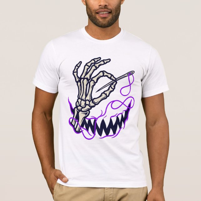 Edgy Skeleton Hand Needle and Thread Graphic Shirt (Front)