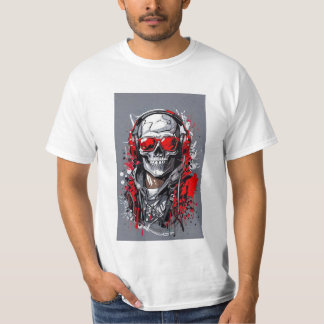Edgy Skull with Headphones and Red Accents T-Shirt