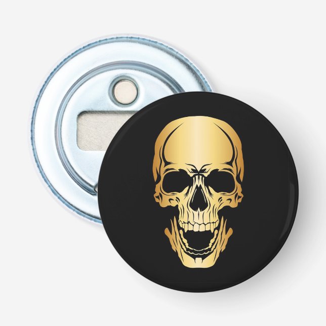 Edgy Trendy Black & Gold Skull Pattern Bottle Opener (Front)