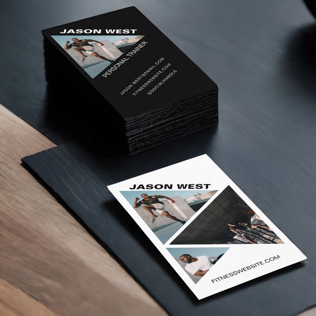 Edgy & Trendy Personal Trainer 3 Photo Black Business Card (Edgy & Trendy Personal Trainer 3 Photo Black Business Card)