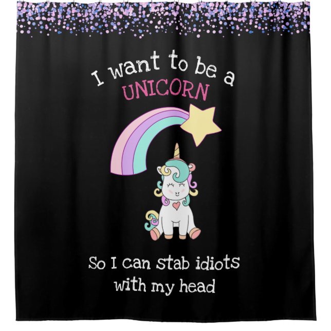 Edgy Unicorn with Rainbow and Confetti Funny Shower Curtain (Front)