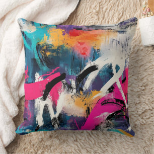 Edgy Urban Graffiti with Vivid Colour Splashes Cushion