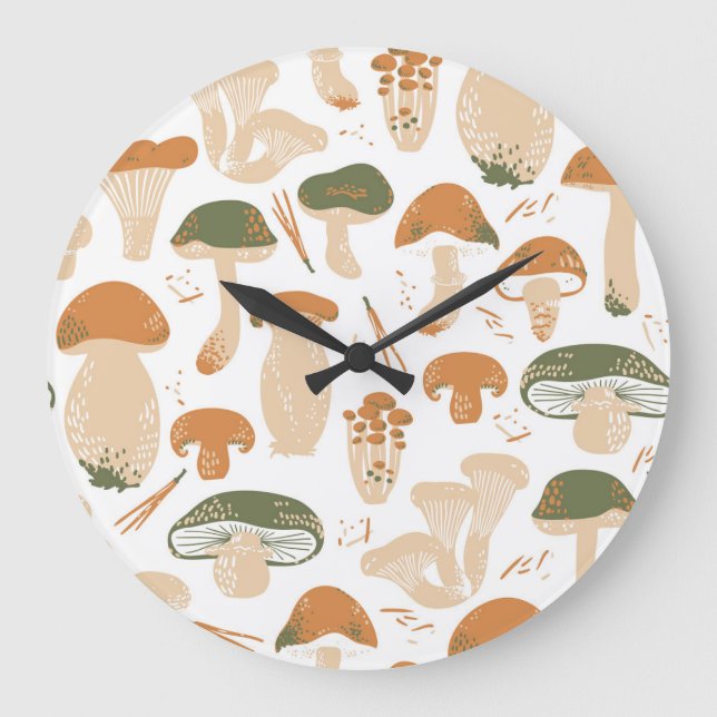 Edible Mushrooms Linocut Vintage Pattern Large Clock (Front)