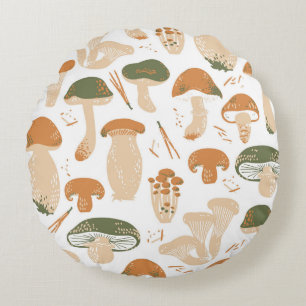 Edible Mushrooms Linocut Vintage Pattern Round Cushion