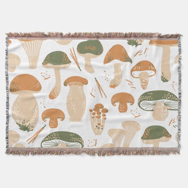 Edible Mushrooms Linocut Vintage Pattern Throw Blanket (Front)