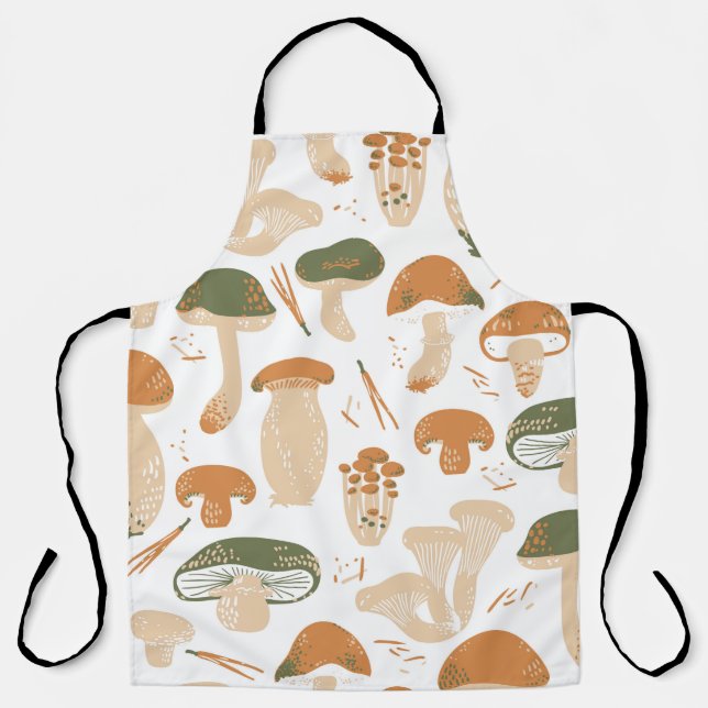 Edible Mushrooms seamless pattern. Linocut old sty Apron (Front)