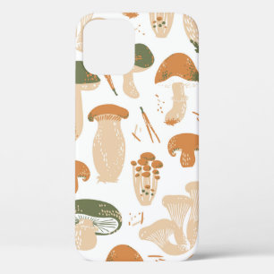 Edible Mushrooms seamless pattern. Linocut old sty iPhone 12 Case