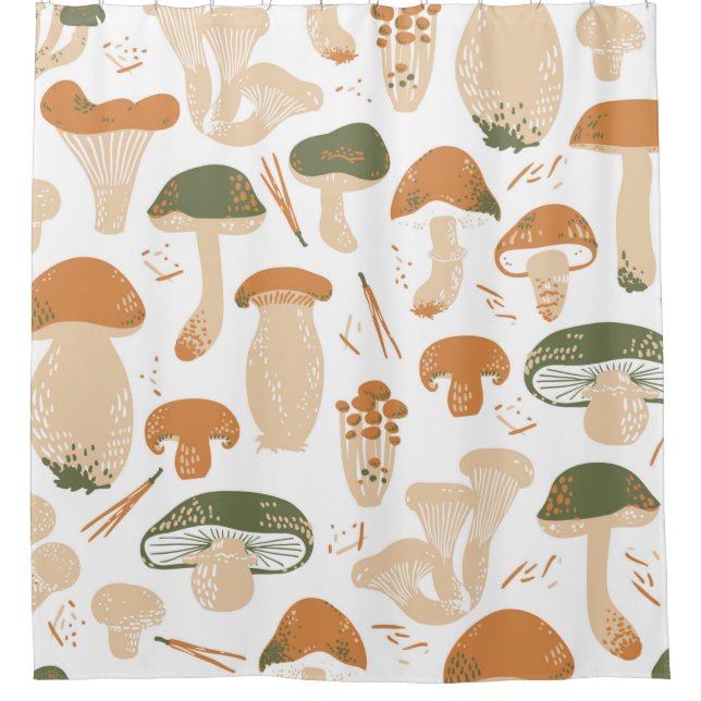Edible Mushrooms seamless pattern. Linocut old sty Shower Curtain (Front)