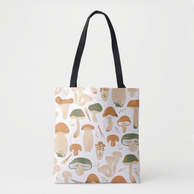 Edible Mushrooms seamless pattern. Linocut old sty Tote Bag (Front)