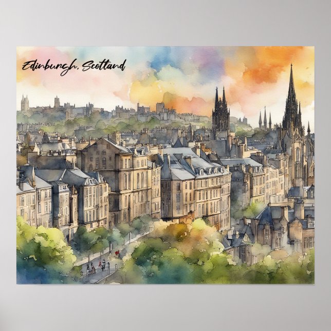 Edinburgh Scotland Castle Watercolor Travel Poster (Front)