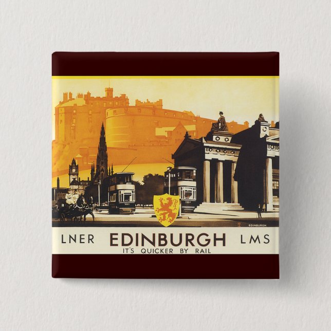 Edinburgh via LNER Rail Poster 15 Cm Square Badge (Front)
