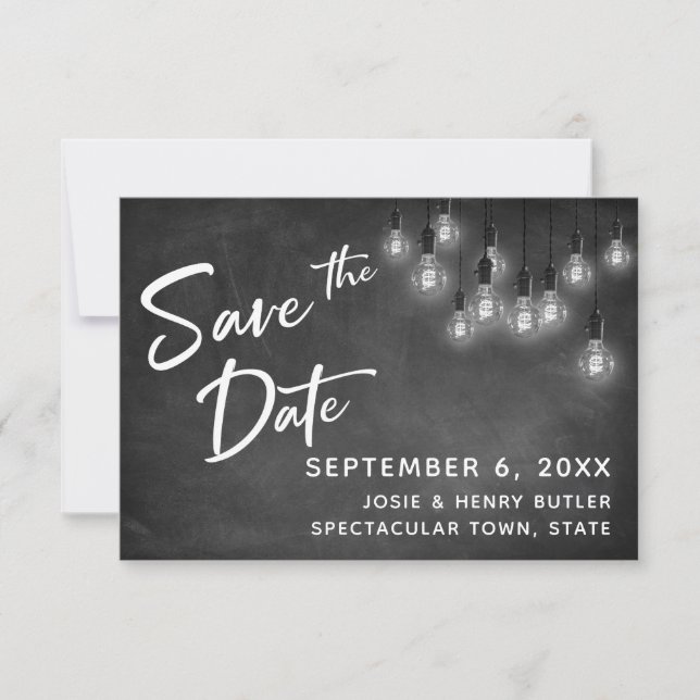 Edison Lights and Chalkboard Modern Save the Date RSVP Card (Front)
