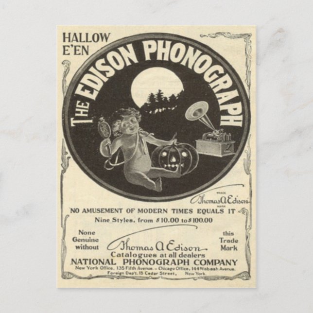 Edison Phonograph Halloween Ad Jack O Lantern Postcard (Front)