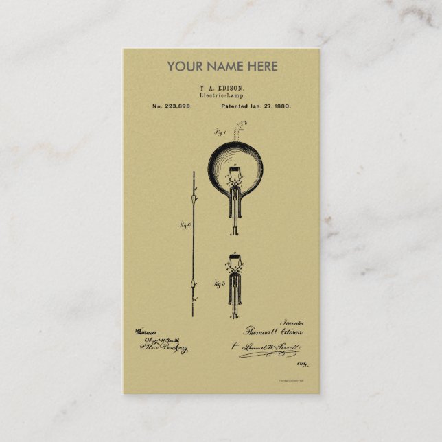 EDISON's ELECTRIC LAMP PATENT - Circa 1880 Business Card (Front)