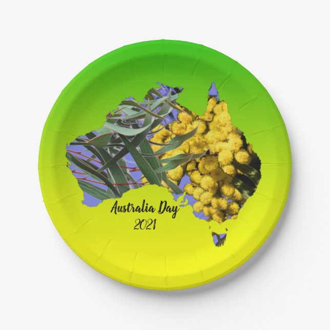 Edit Text Australia Day Gum Leaf Wattle 7" Paper Plate (Front)