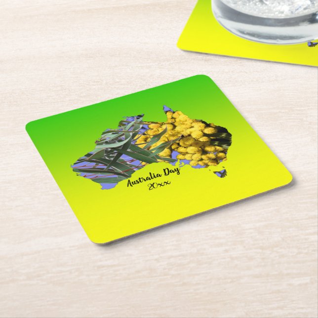 Edit Text Australia Day Gum Leaf Wattle  Square Paper Coaster (Angled)