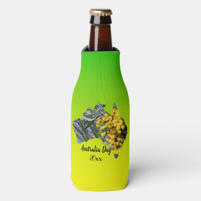 Edit Text Australia Day Gum Leaf Wattle Stubby  Bottle Cooler (Bottle Front)