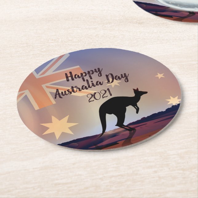 Edit Text Flag Kangaroo Australia Day Round Paper Coaster (Angled)