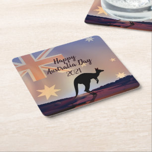 Edit Text Flag Kangaroo Australia Day Square Paper Coaster