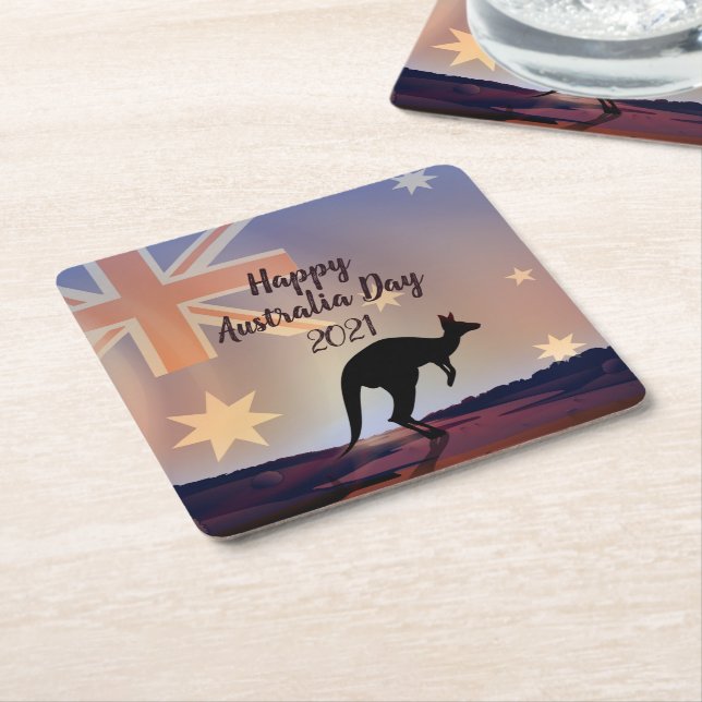 Edit Text Flag Kangaroo Australia Day Square Paper Coaster (Angled)