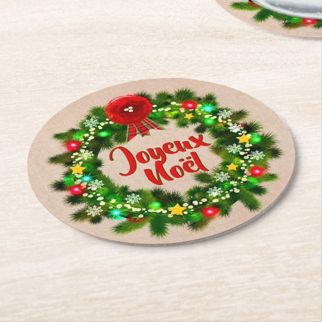 Edit Text Joyeux Noël Round Paper Coaster (Angled)