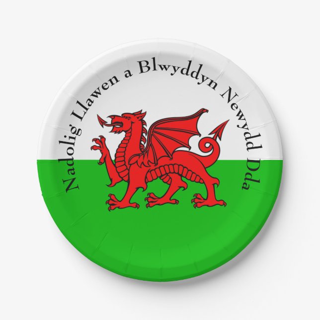 Edit Text Welsh Flag Red Dragon Christmas  7" Paper Plate (Front)