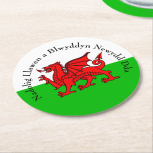Edit Text Welsh Flag Red Dragon Christmas Round Paper Coaster