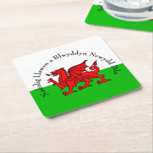 Edit Text Welsh Flag Red Dragon Christmas Square Paper Coaster