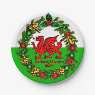 Edit Text Year Welsh Flag Red Dragon Christmas 7" Paper Plate
