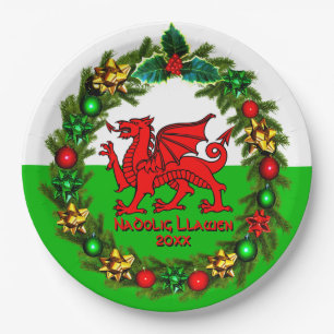 Edit Text Year Welsh Flag Red Dragon Christmas 9" Paper Plate