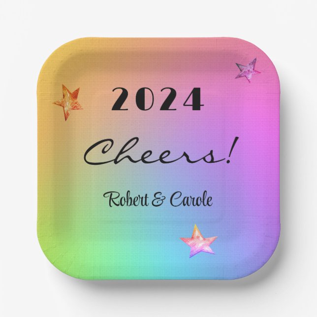 Edit YEAR, Cheers Gradient Rainbow 7-in Square Paper Plate (Front)