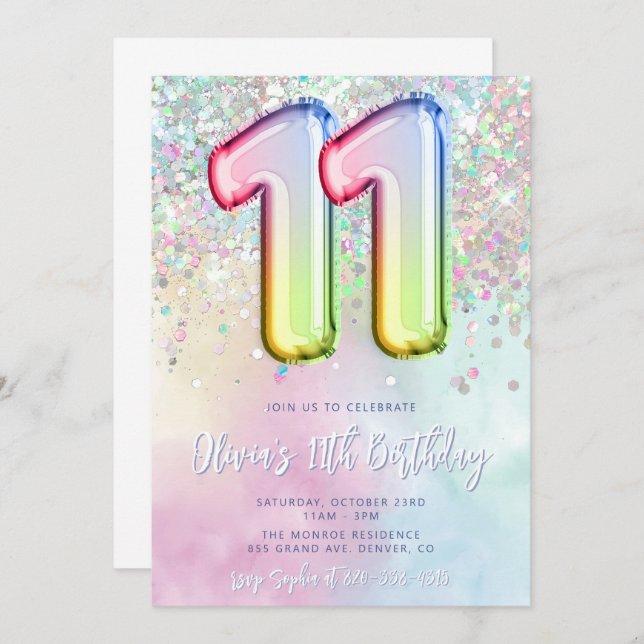Editable 11th Birthday Invitation Template Rainbow (Front/Back)