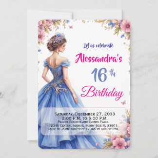 Editable 16th Blue Gown Floral Elegant Birthday  Invitation