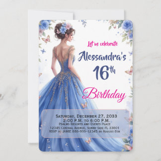 Editable 16th Blue Gown Floral Elegant Birthday  Invitation
