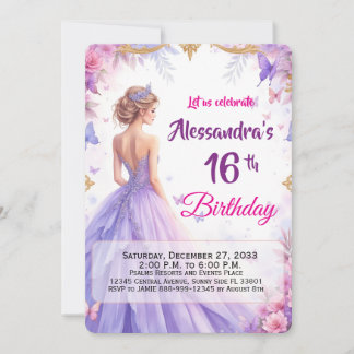 Editable 16th Blue Gown Floral Elegant Birthday  Invitation