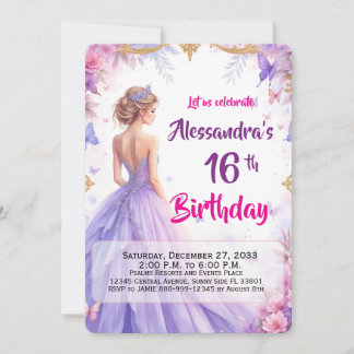 Editable 16th Purple Gown Floral Elegant Birthday  Invitation