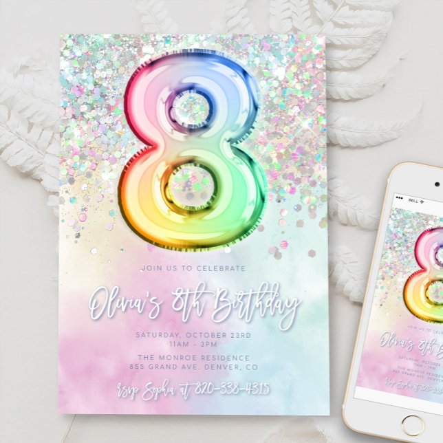 Editable 8th Birthday Invitation Template Rainbow  (Creator Uploaded)