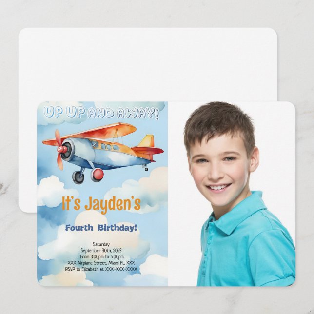 Editable Aeroplane Birthday Party Photo Invitation (Front/Back)