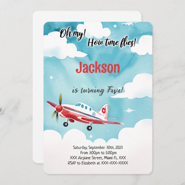 Editable Aeroplane Kids Birthday Party Invitation (Front/Back)