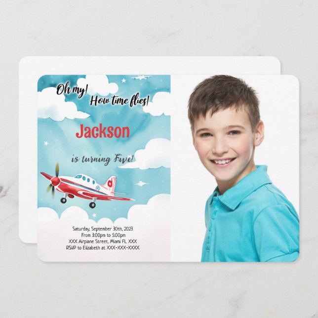 Editable Aeroplane Kids Birthday Party Photo Invitation (Front/Back)