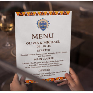 Editable African Tribal Mask Ethnic Wedding Menu