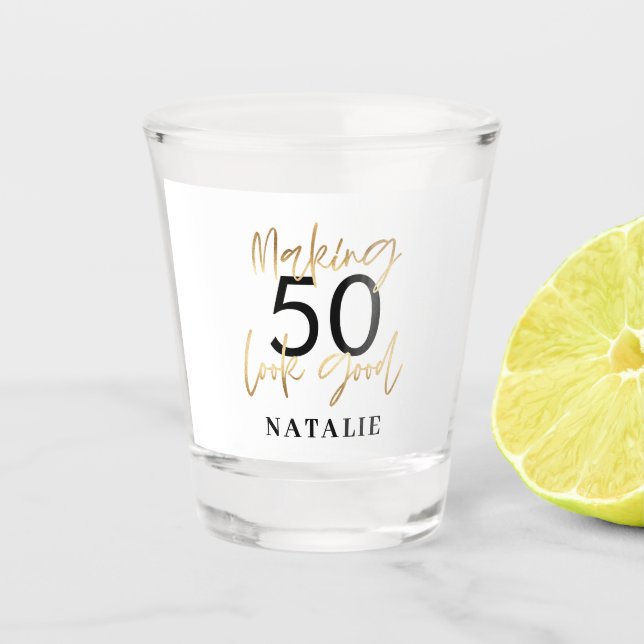 editable age look good gold birthday party favour shot glass (Front)