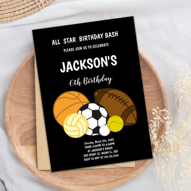 Editable All-Star Athletic Party Invite for Boys (Black Sports Invitations)