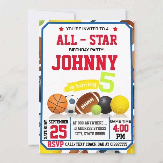 Editable All Star Sports Birthday Party Invitation (Front)