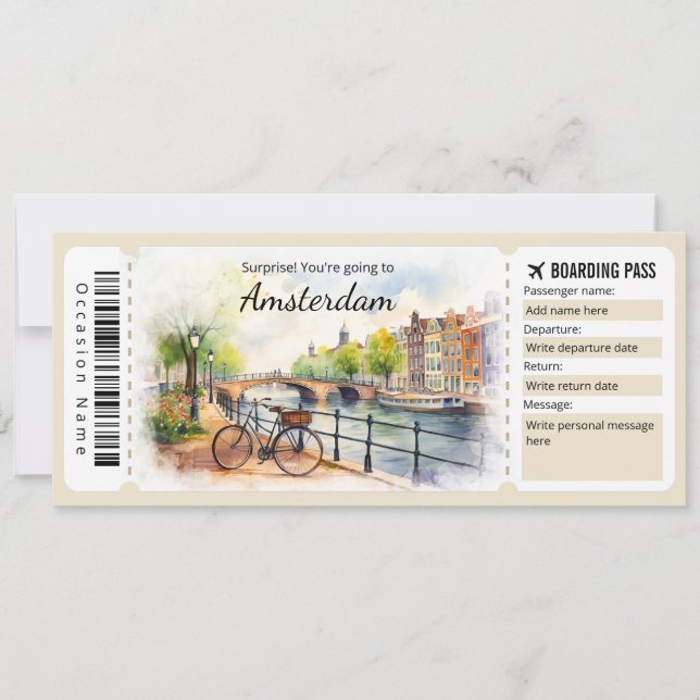 Editable Amsterdam Boarding Pass Plane ticket Invitation (Front)