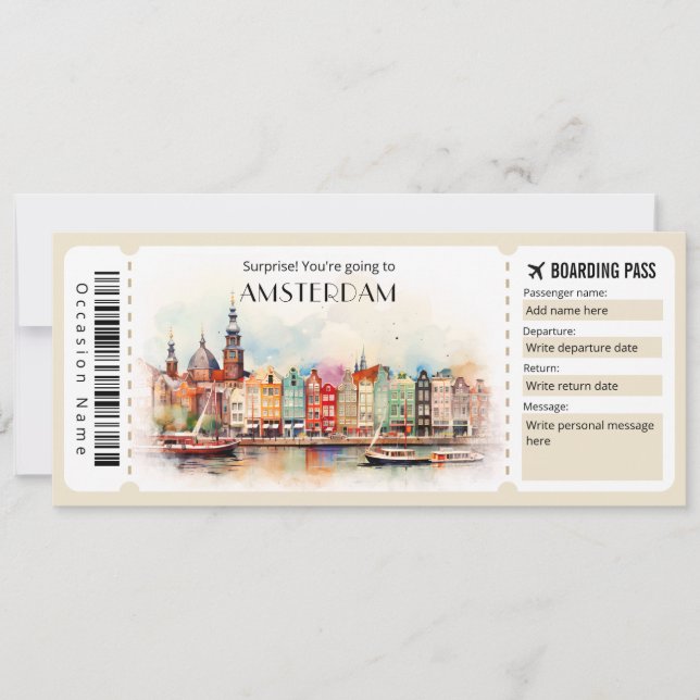 Editable Amsterdam Boarding Pass Plane ticket Invitation (Front)