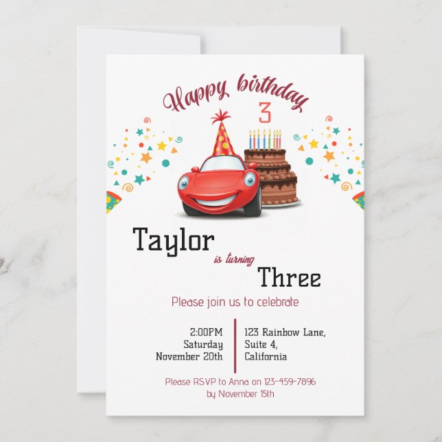 Editable and Printable Design Cars-Themed Birthday Invitation (Front)