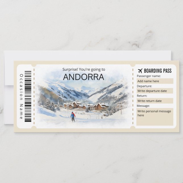 Editable Andorra Plane ticket, Andorra Trip Invitation (Front)