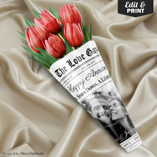 Editable Anniversary Newspaper Flower Bouquet Wrapping Paper Sheet